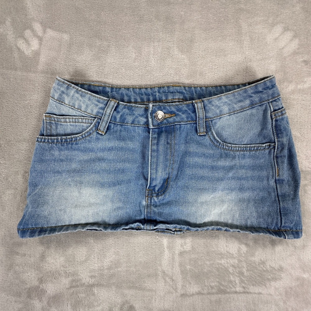 Shein Mini Skirt Womens Size 2 Blue Denim Medium Wash Whiskers Detail Casual